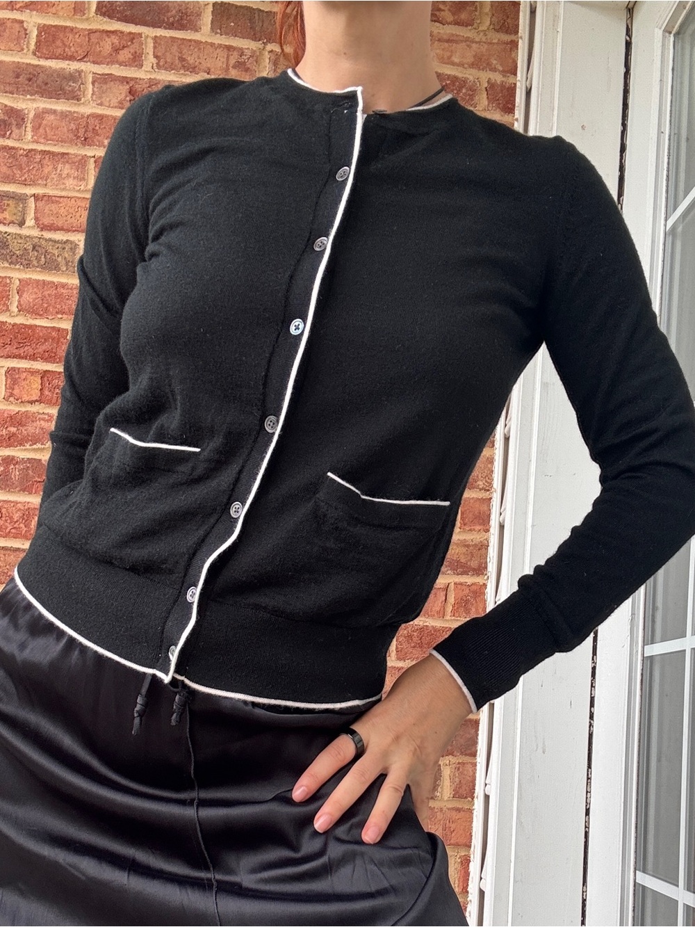 Banana Republic Extra Fine Merino Wool Cardigan Black White Trim Size S